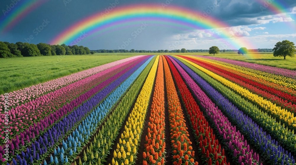 Naklejka premium Vibrant rainbow arches over field of colorful flowers planted in neat rows. Green grass and trees border the blooming garden under a dramatic sky.