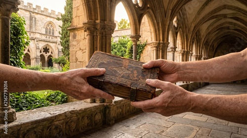 Hands passing down a vintage book in a beautiful historical cloister environment