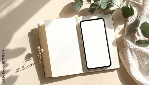 Digital Detox Concept with Smartphone Turned Off Beside Open Book and Natural Plants