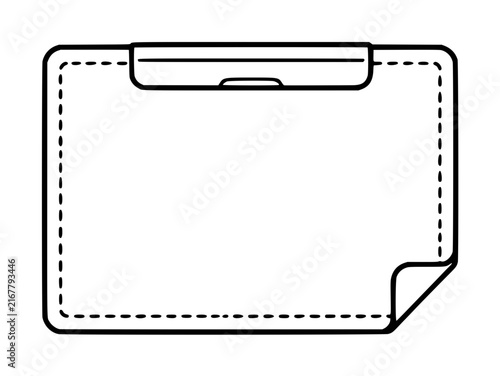 Foto Minimalist black and white vector icon illustration of a professional desk blotter featuring a top clip, dashed stitched border, and curled corner detail, ideal for office workspace organization