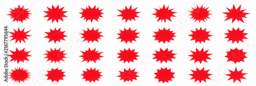 Red starburst sale sticker set. Flash explosion star burst badges collection, blank promotional price tag and special offer discount comic explosion labels bundle