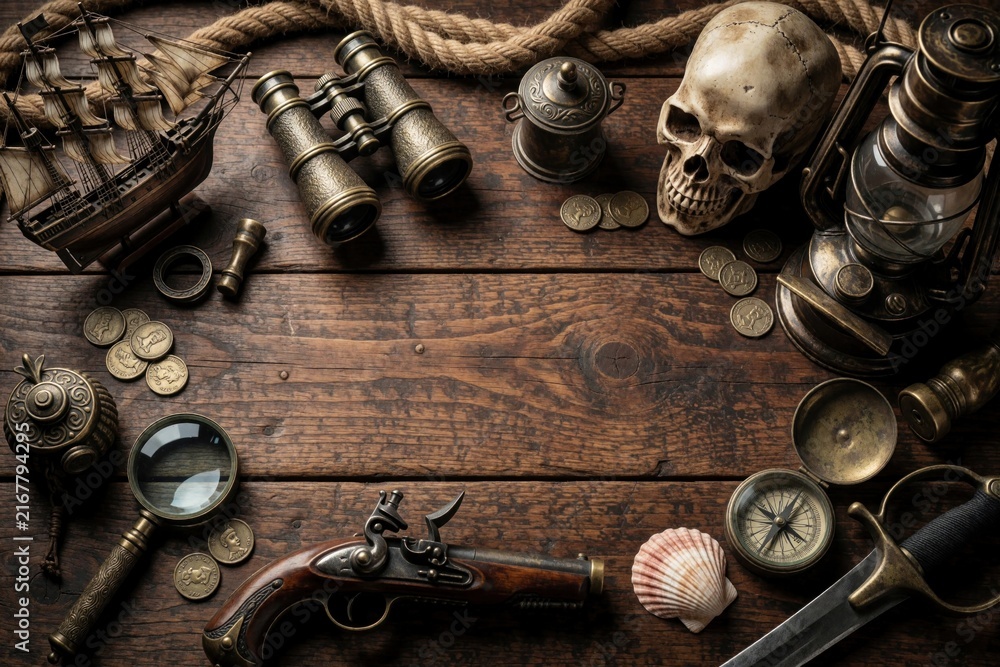 Obraz premium Pirate artifacts like ship, skull, flintlock pistol and compass lie on old wood table. Vintage map tools, coins, and lantern suggest adventure and treasure hunting.