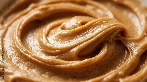 Macro close-up of creamy peanut butter swirled into thick glossy ribbons with golden-brown highlights catching warm light on a smooth tan surface, indulgent texture detail