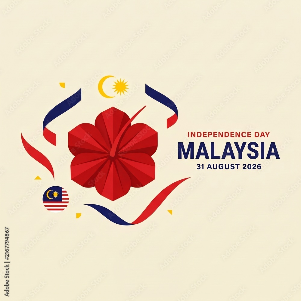 Fototapeta premium Malaysia Independence Day Banner With Geometric Hibiscus Flower