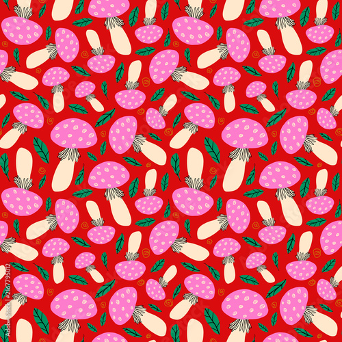 Red Hand Drawn Autumn Pattern with Colorful Mushrooms