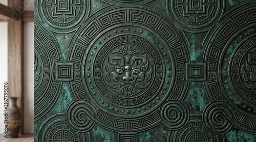 Antique Chinese Bronze Relief Texture with Traditional Patterns
