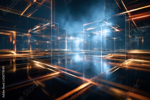 Futuristic glowing transparent cube structures with vibrant orange and blue lights creating a high-tech digital grid environment in deep space