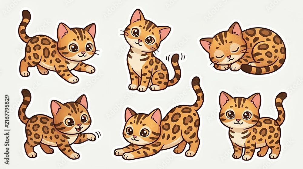 Obraz premium Cute Spotted Cat CharactersBengal Style Leopard Pattern Cartoon Kittens Collection Isolated Graphic Art Element cat kittencharacter spotted bengal leopard pattern cartoon cute vector