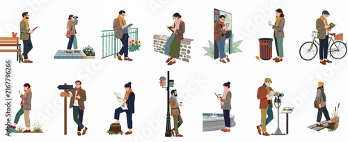 Large collection of hand-drawn architectural cut-out people in autumn attire for visualization renders, featuring various outdoor activities like sightseeing and traveling.