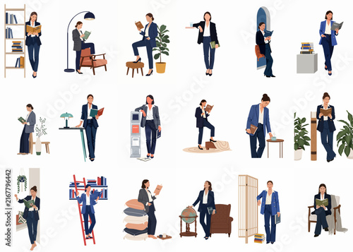 Set of flat illustrations showing a young professional woman reading and relaxing in various home and office interior settings with books and plants.