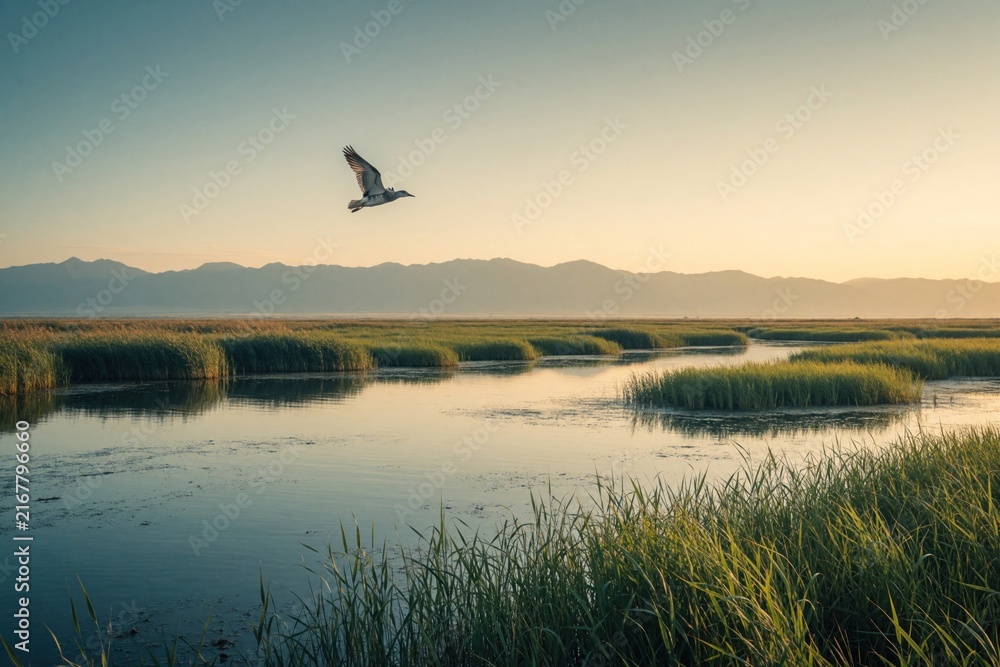 Naklejka premium Bird flies over calm marsh water with reeds and distant mountains under a hazy golden sky. This peaceful wildlife scene suggests natural beauty and quiet solitude in a wetland habitat.