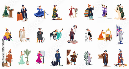 A collection of 21 whimsical character illustrations featuring people in magical and vintage-inspired outfits, including wizards, witches, and elegant figures on a white background.