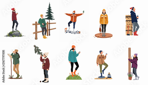 Set of flat vector illustrations featuring diverse characters in winter and outdoor clothing participating in various activities, isolated on white.