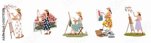 Bild auf Leinwand Set of vector illustrations of a woman artist painting outdoors on canvas with easel in various scenic garden and nature settings