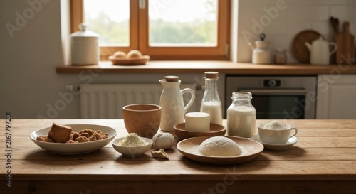 Various dairy products and ingredients on a wooden table in a kitchen