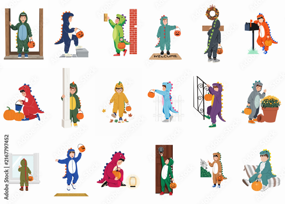 Fototapeta premium Collection of cute illustrations featuring children in various colorful dinosaur and dragon costumes trick-or-treating for Halloween with pumpkin baskets.