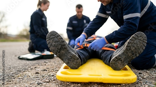 Emergency Medical Responders Providing Aid to Injured Person on Stretcher.