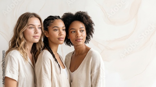 Diverse group of three young women standing together in natural light studio portrait