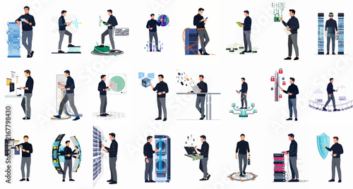 Comprehensive set of professional male character illustrations interacting with big data, cloud computing, server management, and futuristic technology interfaces.