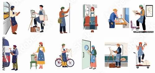 Foto A collection of flat illustrations showing various artists traveling and creating art on public transportation such as trains and buses