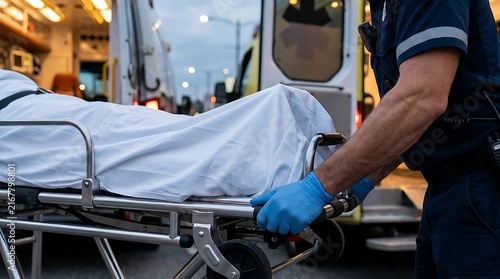 Paramedic loading patient onto stretcher into ambulance.