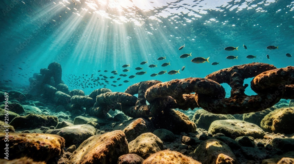 Obraz premium Sunlight streams through clear blue water onto a rusty underwater chain and rocky seabed. Small fish swim in schools above the ancient metal structure, exploring the marine environment.