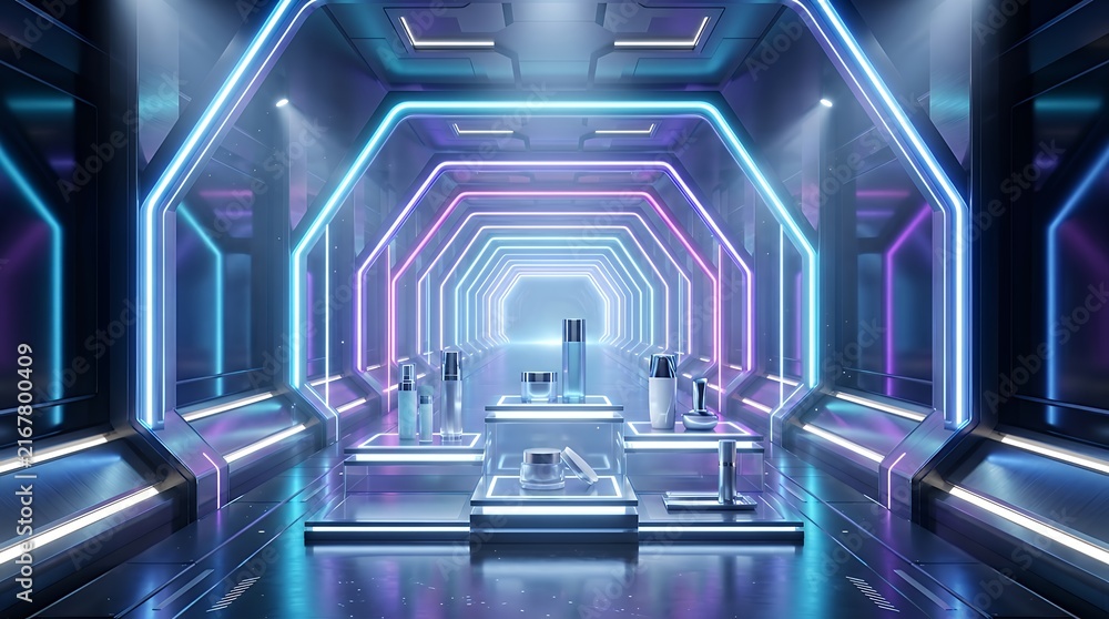 Fototapeta premium Futuristic Sci Fi Neon Arch Tunnel Podium Platform for Product Display and Cosmetic Showcase Presentation 3d podium neon arch tunnel scifi futuristic luxury corridor glowing display product display