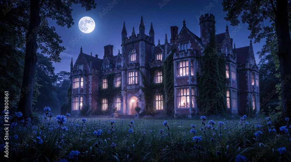 Fototapeta premium Large gothic manor house stands under full moon at night. Glowing windows shine through dark ivy on old stone walls. Mysterious mansion sits in forest garden with blue flowers in foreground. Eerie