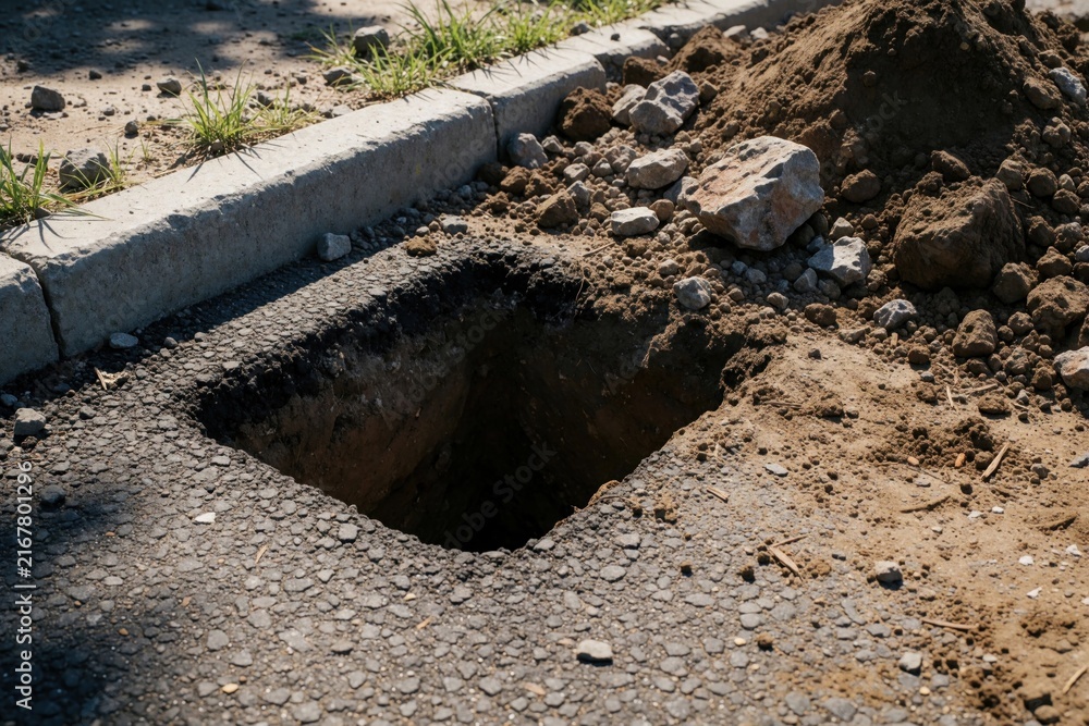 Fototapeta premium Rectangular hole in asphalt road for construction work. Workers dig pit in ground for fence post utility pole installation. Dirt, rocks surround excavation site near curb, grass. Site needs repair