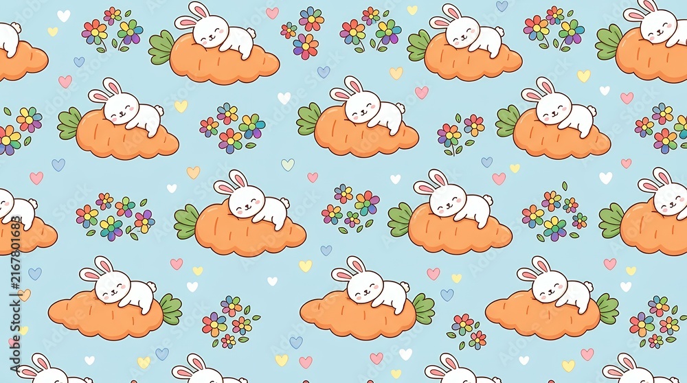 Cute Cartoon Bunny Sleeping on Carrot Cloud Seamless Pattern with Rainbow Flowers and Small Hearts on Soft Blue Background rabbit bunny carrot cloud sleep sleeping cute cartoon seamless pattern