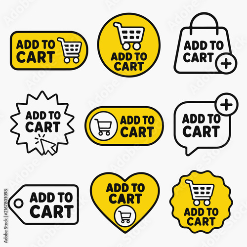 Nine yellow and black 'Add to Cart' icons with shopping carts, bags, and varied designs.