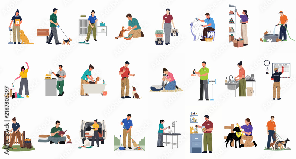 Fototapeta premium Diverse set of flat illustrations depicting animal shelter volunteers and staff performing various tasks like feeding, cleaning, grooming, and providing medical care to pets.
