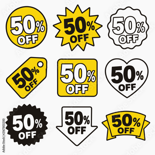 A collection of various fifty percent off discount sticker designs in yellow and white.