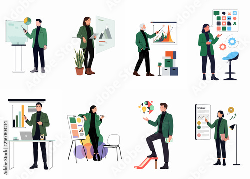 Flat vector illustrations of professional business people presenting data, using digital devices, and working with charts in a modern corporate setting.