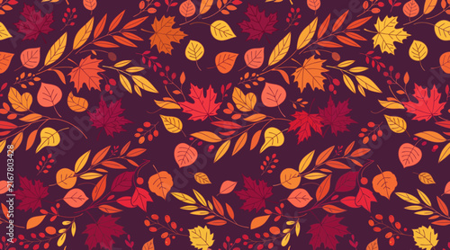 Seamless vector pattern illustration featuring colorful autumn leaves and berries on a dark purple background base