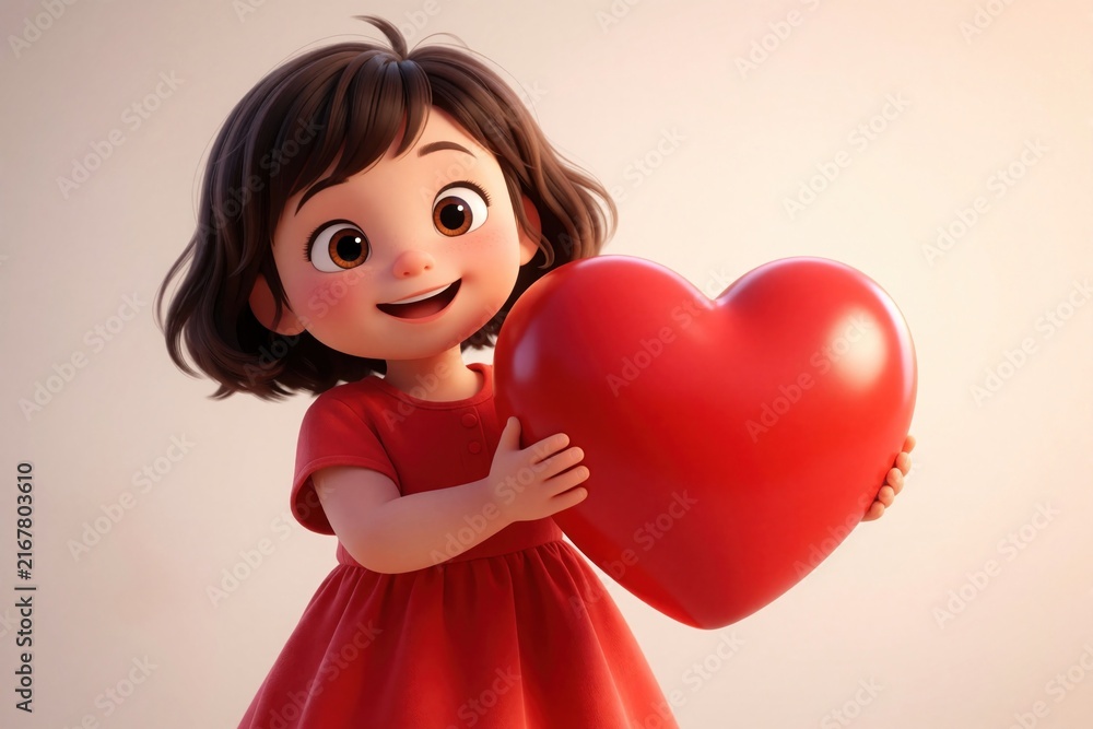 Fototapeta premium Cartoon girl with short brunette hair wears red dress, radiates joy holding large red heart. Demonstrates affection, conveys warmth, evokes love, represents innocent love concept. Cartoon animation