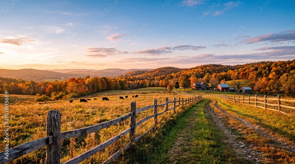 Fototapeta premium Golden autumn sunset illuminates a rural farm landscape with grazing cattle and a wooden fence along a dirt road