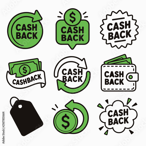 A collection of green and black cash back icons and badges are arranged in a grid.