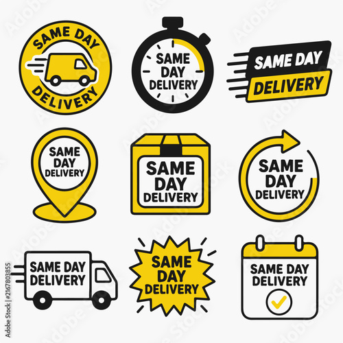 A collection of yellow and black icons representing same day delivery services.
