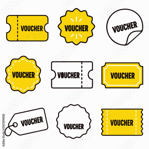 A collection of various voucher and coupon label designs in yellow and white colors.