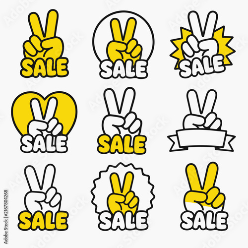 A set of yellow and white sale sticker icons featuring a hand showing a peace sign.