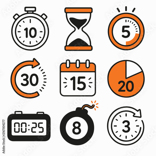 Nine flat vector icons represent various time management and countdown concepts on white.