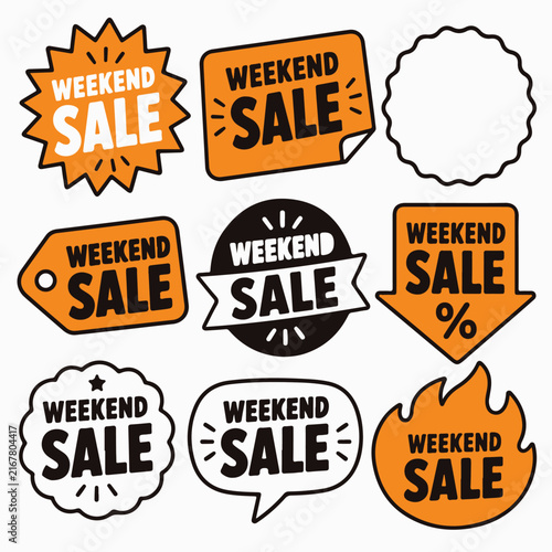 A collection of orange and black weekend sale badges and stickers on a white background.