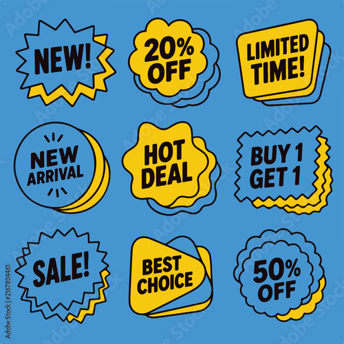 Set of yellow and blue retro style promotional sale badges on a blue background.