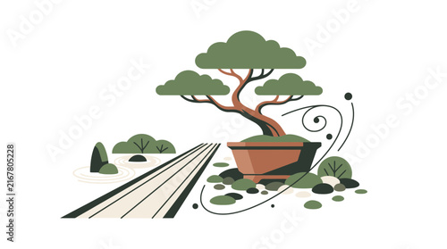Japanese bonsai tree in pot with garden path and rocks illustration. SVG Editable. Vector Illustrations.
