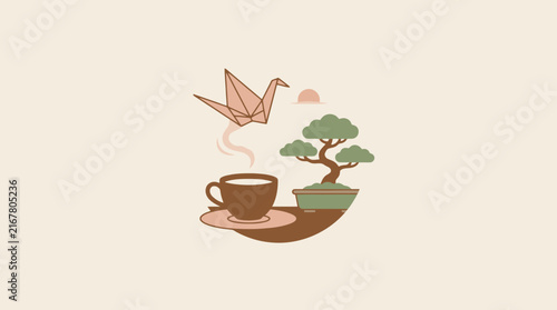 Japanese bonsai tree origami crane and coffee cup illustration vector. SVG Editable. Vector Illustrations.