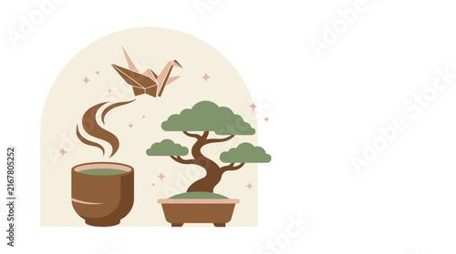 Japanese bonsai tree origami crane and tea cup illustration. SVG Editable. Vector Illustrations.