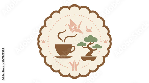 Japanese coffee badge design featuring hot cup of coffee and bonsai tree illustration. SVG Editable. Vector Illustrations.
