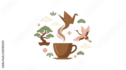 Japanese coffee cup with bonsai crane and origami art illustration. SVG Editable. Vector Illustrations.