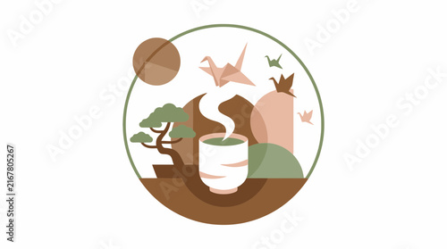 Japanese green tea cup with bonsai and origami cranes vector illustration. SVG Editable. Vector Illustrations.